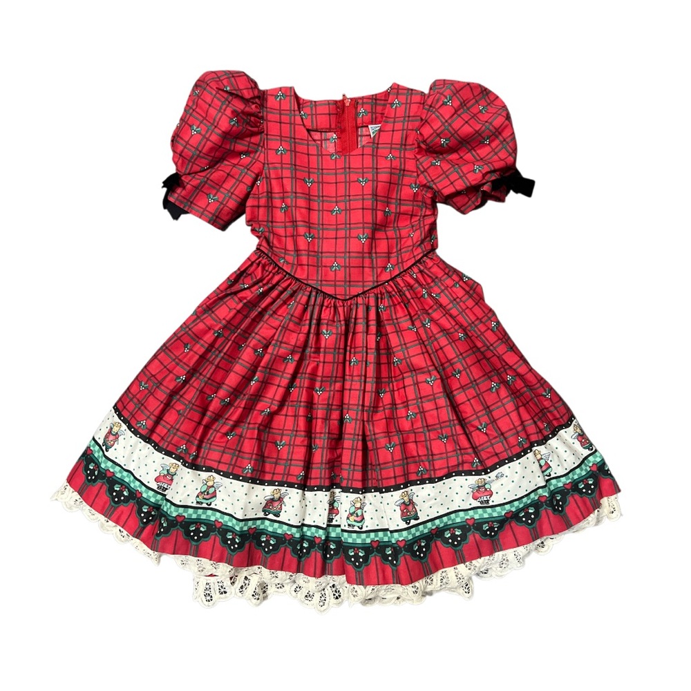 VTG Daisy Kingdom Factory Made Red Plaid Christmas Holiday Dress Angel Bunny 4